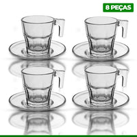 Jogo 4 Xícaras de Café com Pires em Vidro Transparente 8 Peças