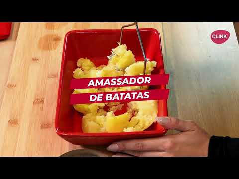 Vídeo ilustrativo de amassador manual de batatas. Modelo equivalente: aparência, medidas e acessórios podem variar. Confira as características e os itens inclusos na descrição.