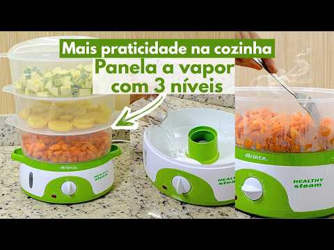 Vídeo ilustrativo de panela elétrica a vapor de três níveis. Modelo equivalente: aparência, medidas e acessórios podem variar. Confira as características e os itens inclusos na descrição. O produto desta página é 220 V; siga a tensão e as instruções do produto recebido.